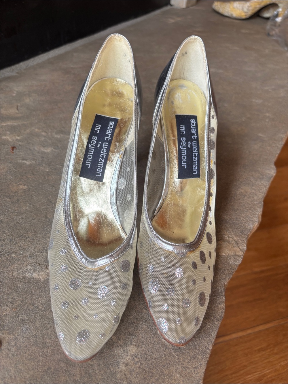 Stuart Weitzman Silver Polka Dot Pointed-Toe Heels